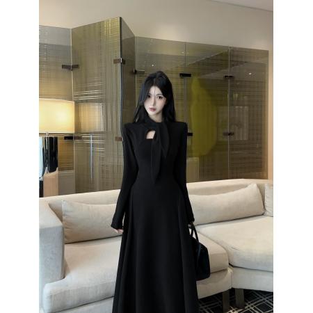 FA54324# 纯欲挂脖飘带长袖连衣裙女性感修身显瘦气质百搭高级长裙 服裝批發女裝批發服飾貨源