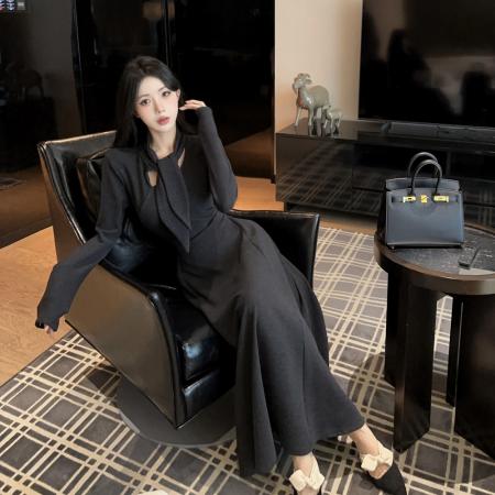 FA54324# 纯欲挂脖飘带长袖连衣裙女性感修身显瘦气质百搭高级长裙 服裝批發女裝批發服飾貨源