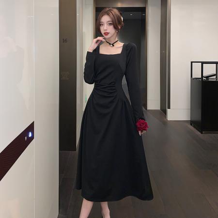 FA54325# 法式高级感方领长袖连衣裙女纯欲收腰显瘦茶歇礼服长裙 服裝批發女裝批發服飾貨源