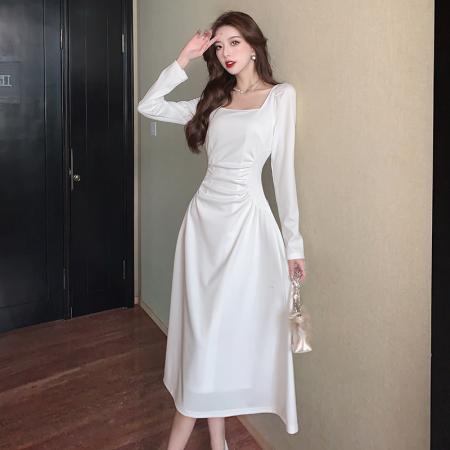 FA54325# 法式高级感方领长袖连衣裙女纯欲收腰显瘦茶歇礼服长裙 服裝批發女裝批發服飾貨源