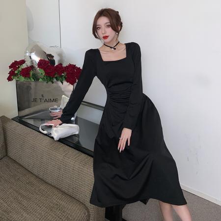 FA54325# 法式高级感方领长袖连衣裙女纯欲收腰显瘦茶歇礼服长裙 服裝批發女裝批發服飾貨源