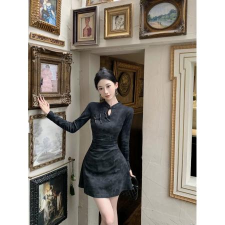 FA54326# 新中式性感改良旗袍裙女高级感气质褶皱收腰显瘦复古国风连衣裙 服裝批發女裝批發服飾貨源