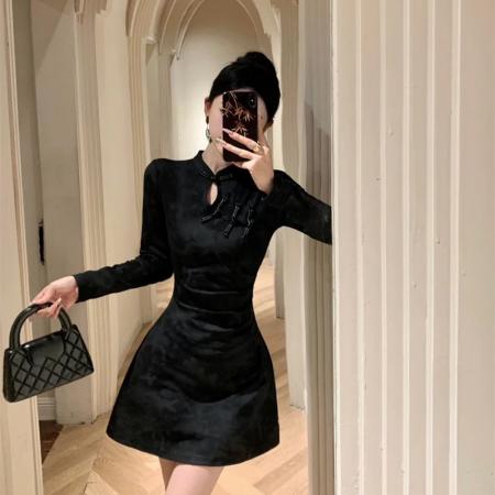 FA54326# 新中式性感改良旗袍裙女高级感气质褶皱收腰显瘦复古国风连衣裙 服裝批發女裝批發服飾貨源