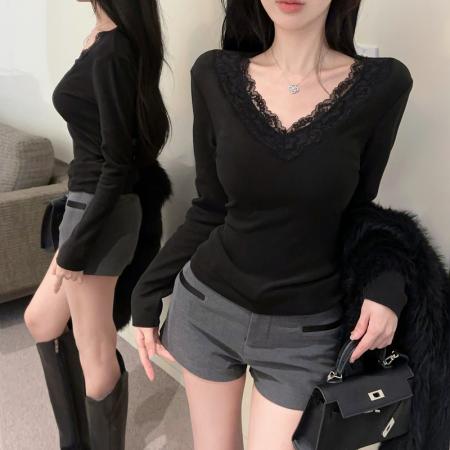 FA54328# 纯欲蕾丝内搭打底衫女秋冬季小香上衣白色V领茶艺长袖T恤 服裝批發女裝批發服飾貨源