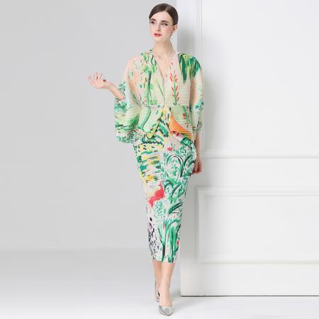 FA54330# 三宅褶皱春款设计感洋气大妈印花连衣裙女宽松蝙蝠袖显瘦长裙 服裝批發女裝批發服飾貨源