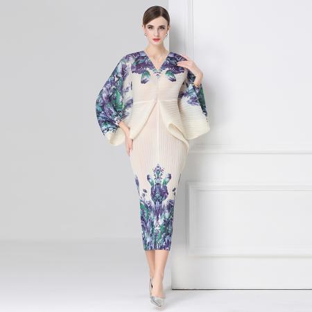 FA54330# 三宅褶皱春款设计感洋气大妈印花连衣裙女宽松蝙蝠袖显瘦长裙 服裝批發女裝批發服飾貨源