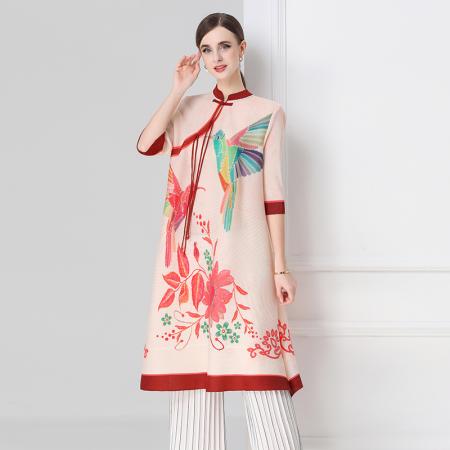 FA54331# 旗袍改良印花连衣裙春秋新款气质洋气裙子宽松高端盘扣褶皱裙 服裝批發女裝批發服飾貨源