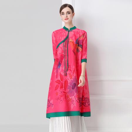 FA54331# 旗袍改良印花连衣裙春秋新款气质洋气裙子宽松高端盘扣褶皱裙 服裝批發女裝批發服飾貨源