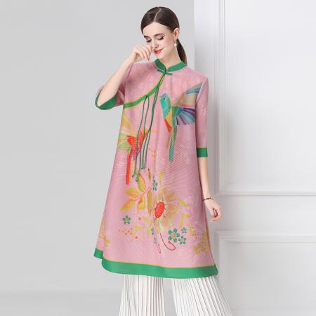 FA54331# 旗袍改良印花连衣裙春秋新款气质洋气裙子宽松高端盘扣褶皱裙 服裝批發女裝批發服飾貨源