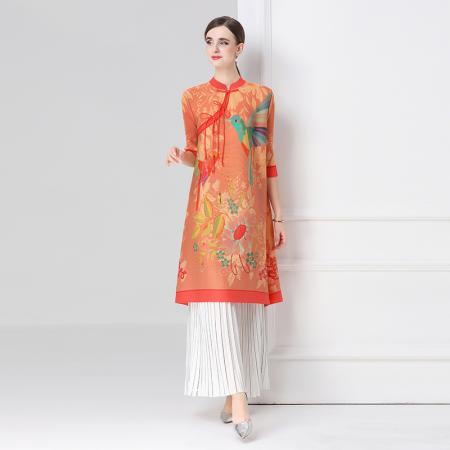 FA54331# 旗袍改良印花连衣裙春秋新款气质洋气裙子宽松高端盘扣褶皱裙 服裝批發女裝批發服飾貨源