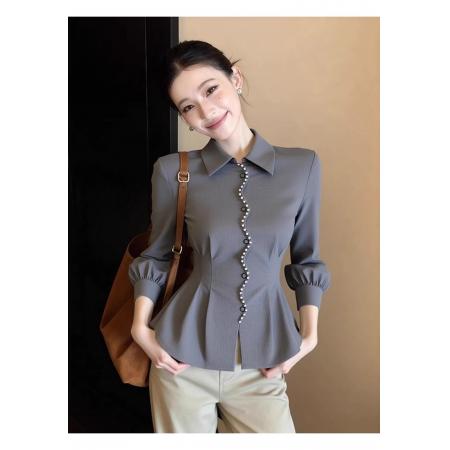 FA54332# 春季收腰设计感气质显瘦上衣巨好看轻熟独特别致绝美灰色长袖衬衫 服裝批發女裝批發服飾貨源