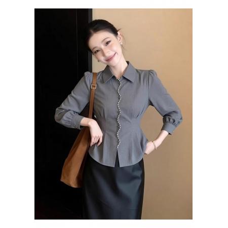 FA54332# 春季收腰设计感气质显瘦上衣巨好看轻熟独特别致绝美灰色长袖衬衫 服裝批發女裝批發服飾貨源