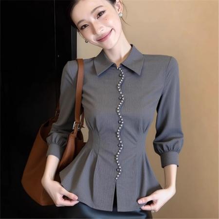 FA54332# 春季收腰设计感气质显瘦上衣巨好看轻熟独特别致绝美灰色长袖衬衫 服裝批發女裝批發服飾貨源
