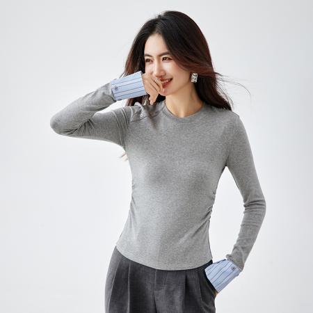 FA54333# 绵羊毛撞色正肩T恤女春季新款简约时尚设计感内搭休闲上衣 服裝批發女裝批發服飾貨源