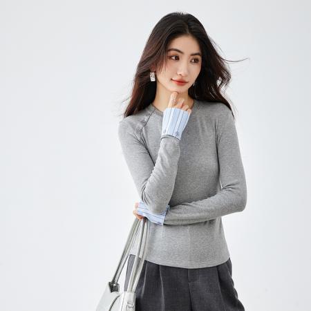 FA54333# 绵羊毛撞色正肩T恤女春季新款简约时尚设计感内搭休闲上衣 服裝批發女裝批發服飾貨源