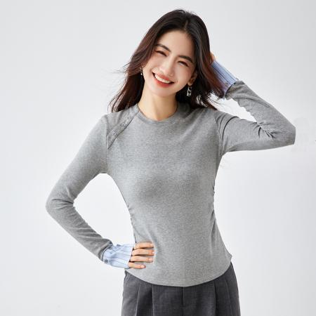 FA54333# 绵羊毛撞色正肩T恤女春季新款简约时尚设计感内搭休闲上衣 服裝批發女裝批發服飾貨源