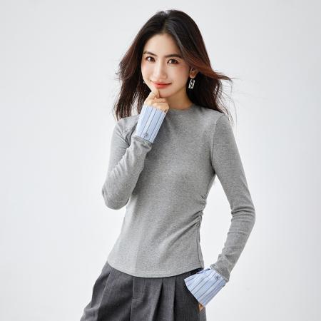 FA54333# 绵羊毛撞色正肩T恤女春季新款简约时尚设计感内搭休闲上衣 服裝批發女裝批發服飾貨源