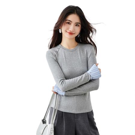 FA54333# 绵羊毛撞色正肩T恤女春季新款简约时尚设计感内搭休闲上衣 服裝批發女裝批發服飾貨源