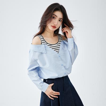 FA54335# 露肩假两件衬衫女长袖春季新款叠穿条纹拼接上衣蓝色衬衣 服裝批發女裝批發服飾貨源