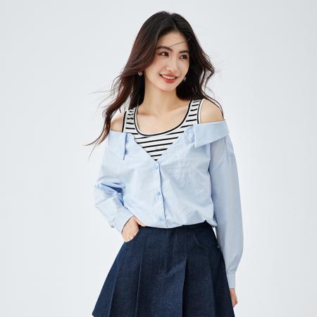 FA54335# 露肩假两件衬衫女长袖春季新款叠穿条纹拼接上衣蓝色衬衣 服裝批發女裝批發服飾貨源