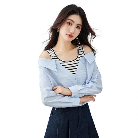 FA54335# 露肩假两件衬衫女长袖春季新款叠穿条纹拼接上衣蓝色衬衣 服裝批發女裝批發服飾貨源