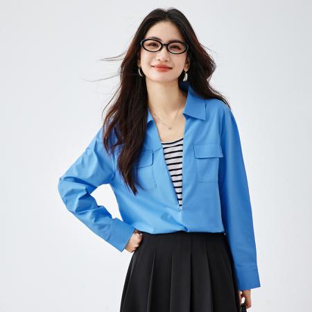 FA54336# 克莱因蓝撞色假两件设计感通勤衬衫女春季新款套头宽松上衣 服裝批發女裝批發服飾貨源