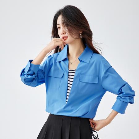 FA54336# 克莱因蓝撞色假两件设计感通勤衬衫女春季新款套头宽松上衣 服裝批發女裝批發服飾貨源