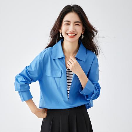 FA54336# 克莱因蓝撞色假两件设计感通勤衬衫女春季新款套头宽松上衣 服裝批發女裝批發服飾貨源