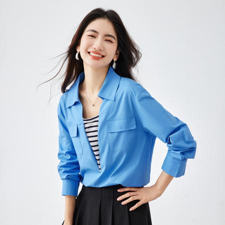 FA54336# 克莱因蓝撞色假两件设计感通勤衬衫女春季新款套头宽松上衣 服裝批發女裝批發服飾貨源