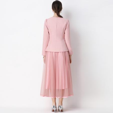 FA54337# 小香风优雅气质镶钻圆领西装外套网纱半身裙套装裙 服裝批發女裝批發服飾貨源