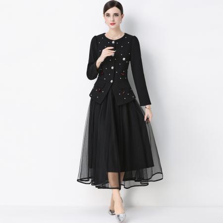 FA54338# 小香风优雅气质镶钻圆领西装外套网纱半身裙套装裙 服裝批發女裝批發服飾貨源