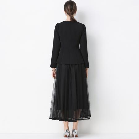 FA54338# 小香风优雅气质镶钻圆领西装外套网纱半身裙套装裙 服裝批發女裝批發服飾貨源