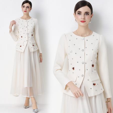 FA54339# 小香风优雅气质镶钻圆领西装外套网纱半身裙套装裙 服裝批發女裝批發服飾貨源