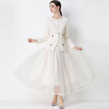 FA54339# 小香风优雅气质镶钻圆领西装外套网纱半身裙套装裙 服裝批發女裝批發服飾貨源