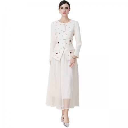 FA54339# 小香风优雅气质镶钻圆领西装外套网纱半身裙套装裙 服裝批發女裝批發服飾貨源