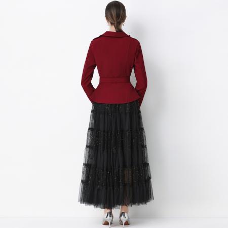 FA54340# 小众气质显瘦长袖西装外套半身网纱蛋糕裙套装裙送腰带 服裝批發女裝批發服飾貨源