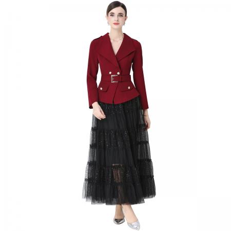 FA54340# 小众气质显瘦长袖西装外套半身网纱蛋糕裙套装裙送腰带 服裝批發女裝批發服飾貨源