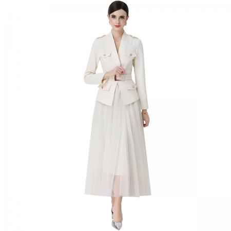 FA54341# 小香风高级感长袖西装外套网纱半身裙套装裙送腰带 服裝批發女裝批發服飾貨源