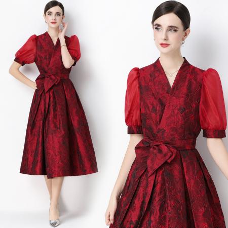 FA54343# 轻奢高级感提花圆领无袖连衣裙女排扣收腰显瘦中长裙 服裝批發女裝批發服飾貨源