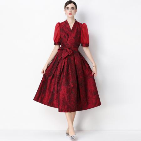 FA54343# 轻奢高级感提花圆领无袖连衣裙女排扣收腰显瘦中长裙 服裝批發女裝批發服飾貨源