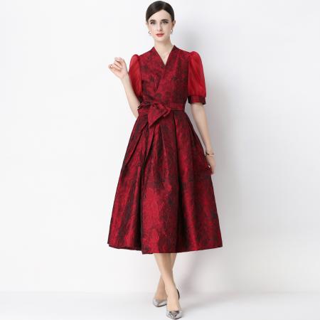 FA54343# 轻奢高级感提花圆领无袖连衣裙女排扣收腰显瘦中长裙 服裝批發女裝批發服飾貨源