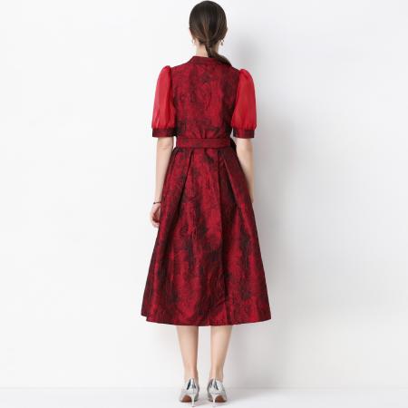 FA54343# 轻奢高级感提花圆领无袖连衣裙女排扣收腰显瘦中长裙 服裝批發女裝批發服飾貨源