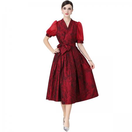 FA54343# 轻奢高级感提花圆领无袖连衣裙女排扣收腰显瘦中长裙 服裝批發女裝批發服飾貨源