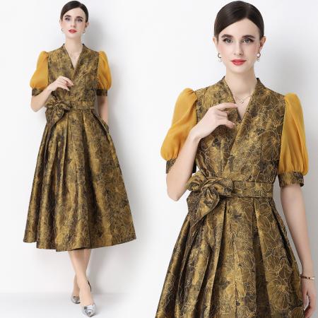 FA54344# 轻奢高级感提花圆领无袖连衣裙女排扣收腰显瘦中长裙 服裝批發女裝批發服飾貨源