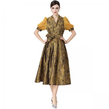 FA54344# 轻奢高级感提花圆领无袖连衣裙女排扣收腰显瘦中长裙 服裝批發女裝批發服飾貨源