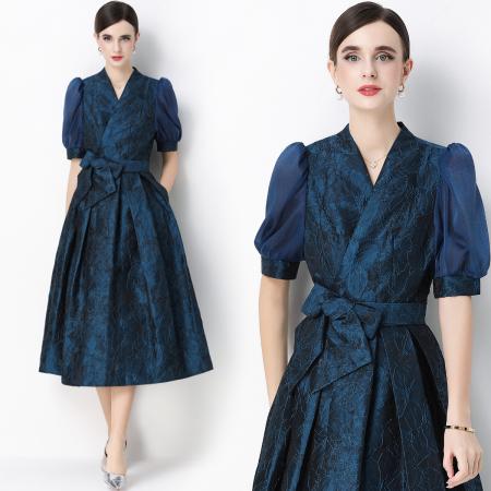 FA54345# 轻奢高级感提花圆领无袖连衣裙女排扣收腰显瘦中长裙 服裝批發女裝批發服飾貨源