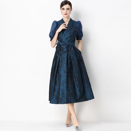 FA54345# 轻奢高级感提花圆领无袖连衣裙女排扣收腰显瘦中长裙 服裝批發女裝批發服飾貨源