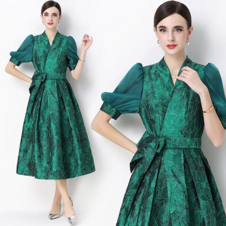 FA54346# 轻奢高级感提花圆领无袖连衣裙女排扣收腰显瘦中长裙 服裝批發女裝批發服飾貨源