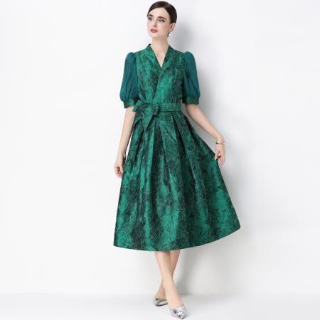 FA54346# 轻奢高级感提花圆领无袖连衣裙女排扣收腰显瘦中长裙 服裝批發女裝批發服飾貨源