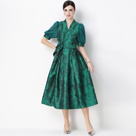 FA54346# 轻奢高级感提花圆领无袖连衣裙女排扣收腰显瘦中长裙 服裝批發女裝批發服飾貨源